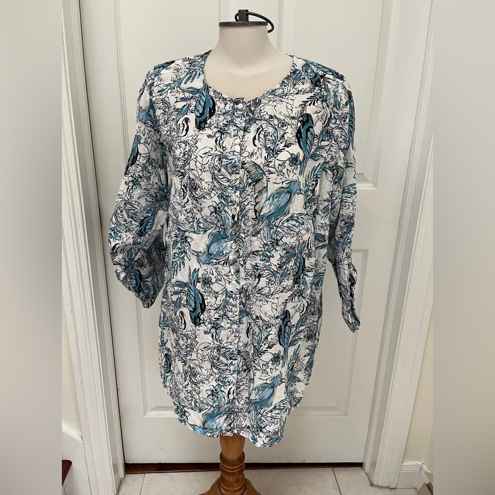 Tahari Blue and White Floral Linen Blouse plus size
